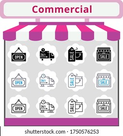 new trend commercial icon set. included shopping bag, shop, delivery truck, open icons. linear, filled, bicolor styles.
