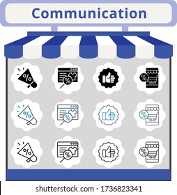 new trend communication icon set. included megaphone, online shop, like icons. linear, filled, bicolor styles.