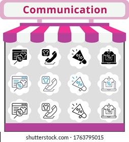 nuevo conjunto de iconos de comunicación de tendencias. tienda en línea incluida, megáfono, iconos de llamadas telefónicas. estilos lineales, llenos, bicolores.