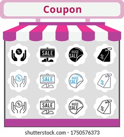 new trend coupon icon set. included sale, price tag, discount icons. linear, filled, bicolor styles.