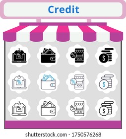 new trend credit icon set. included online shop, wallet, money icons. linear, filled, bicolor styles.