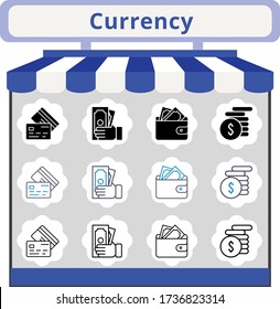 new trend currency icon set. included wallet, money, credit card icons. linear, filled, bicolor styles.