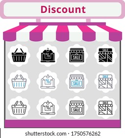 nuevo conjunto de iconos de descuento de tendencia. tienda online, tienda, cesta de compras, iconos de la cesta de la compra. estilos lineales, llenos, bicolores.