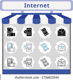 nuevo conjunto de iconos de tendencia en internet. incluido tienda online, dinero, íconos del carro. estilos lineales, llenos, bicolores.