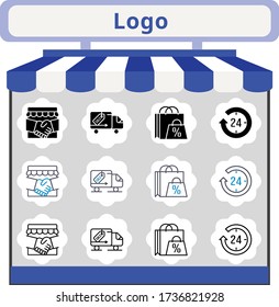 new trend logo icon set. included handshake, shopping bag, 24-hours, delivery truck icons. linear, filled, bicolor styles.