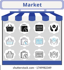 new trend market icon set. included shopping bag, discount, shopping-basket, barcode, shopping basket icons. linear, filled, bicolor styles.