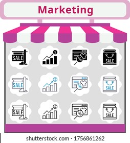 new trend marketing icon set. included profits, online shop, shopping bag, sale icons. linear, filled, bicolor styles.