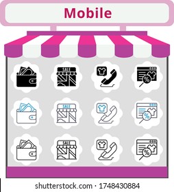 new trend mobile icon set. included online shop, wallet, shop, phone call icons. linear, filled, bicolor styles.