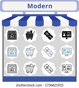 new trend modern icon set. included online shop, shop, shopping cart, discount icons. linear, filled, bicolor styles.