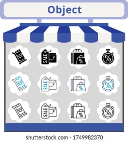 nuevo conjunto de iconos de objeto de tendencia. incluyeron bolso de compras, cronómetro, íconos del carro. estilos lineales, llenos, bicolores.