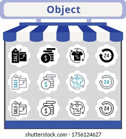 new trend object icon set. included shopping bag, 24-hours, shirt, money icons. linear, filled, bicolor styles.