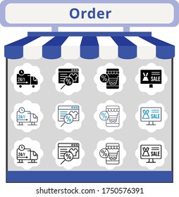 nuevo conjunto de iconos de orden de tendencia. incluido tienda en línea, iconos de camiones de entrega. estilos lineales, llenos, bicolores.