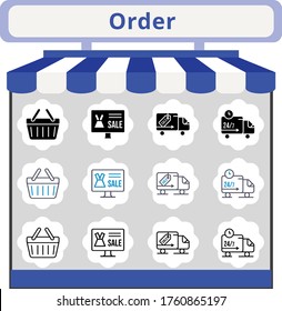 new trend order icon set. included online shop, shopping-basket, delivery truck, shopping basket icons. linear, filled, bicolor styles.