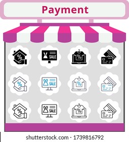 new trend payment icon set. included online shop, mortgage, credit card icons. linear, filled, bicolor styles.