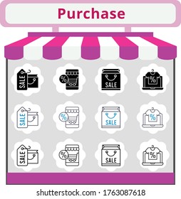 new trend purchase icon set. included shopping bag, online shop icons. linear, filled, bicolor styles.