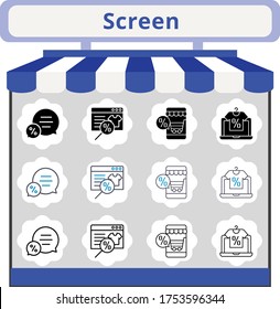 new trend screen icon set. included online shop, chat icons. linear, filled, bicolor styles.