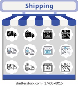 nuevo conjunto de iconos de envío de tendencias. incluidos los iconos de tienda, camión de entrega. estilos lineales, llenos, bicolores.
