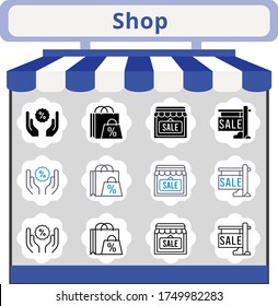 new trend shop icon set. included shopping bag, sale, shop, discount icons. linear, filled, bicolor styles.