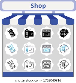 new trend shop icon set. included shopping bag, sale, shop, trolley icons. linear, filled, bicolor styles.
