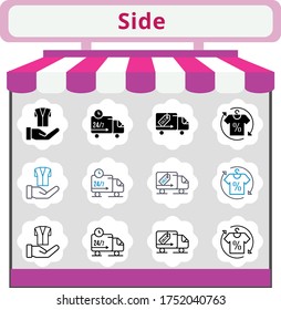 new trend side icon set. included shirt, jacket, delivery truck icons. linear, filled, bicolor styles.