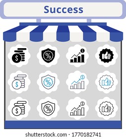 new trend success icon set. included profits, money, like, warranty icons. linear, filled, bicolor styles.