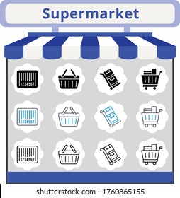 new trend supermarket icon set. included shopping cart, shopping-basket, barcode, shopping basket, trolley icons. linear, filled, bicolor styles.