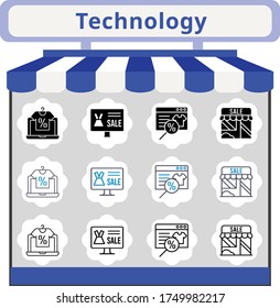 new trend technology icon set. included online shop, shop icons. linear, filled, bicolor styles.