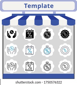 neuer Trend Template Icon Set. inbegriffen Kalender, Rabatt, Stopp-Uhr-Symbole. lineare, gefüllte, bicolor-Stile.