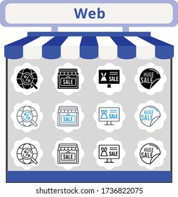 nuevo conjunto de iconos web de tendencia. tienda online, venta, tienda, íconos de internet incluidos. estilos lineales, llenos, bicolores.