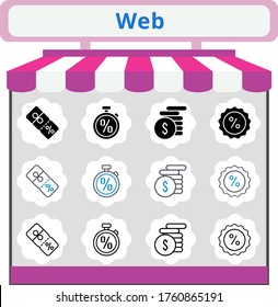 nuevo conjunto de iconos web de tendencia. dinero incluido, descuento, iconos de cronómetro. estilos lineales, llenos, bicolores.