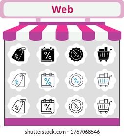 new trend web icon set. included calendar, price tag, shopping cart, discount icons. linear, filled, bicolor styles.