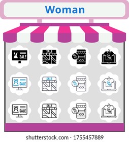 new trend woman icon set. included online shop, shop icons. linear, filled, bicolor styles.