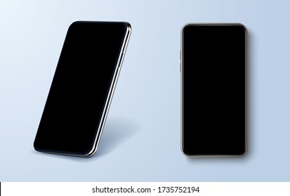 New trendy, metallic modern mobile phone template in different angles. Top view, front view, perspective view, tilted view. A good phone layout for any purpose, presentations or mockups. Realistic eps