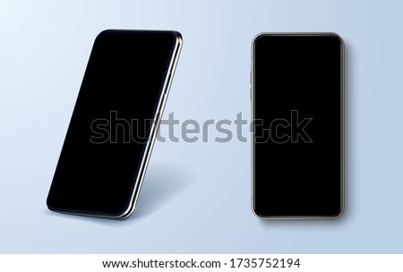 New trendy, metallic modern mobile phone template in different angles. Top view, front view, perspective view, tilted view. A good phone layout for any purpose, presentations or mockups. Realistic eps Stock fotó © 