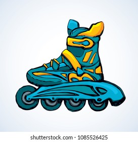 New turquoise rollerblade brake race casters inline design on white rink road backdrop. Vibrant teal color hand drawn rollerskate logo emblem in retro cartoon style. Closeup view with space for text