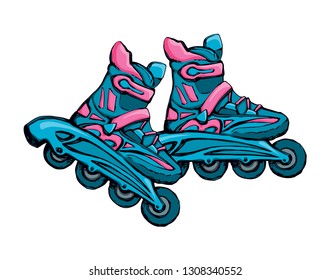 New turquoise rollerblade brake race casters inline design on white rink road backdrop. Vibrant teal color hand drawn rollerskate object logo emblem in retro art cartoon style. Closeup view