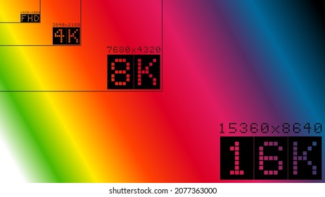 New TV color checking image. Ultra high 16k resolution infographics comparison. 8k 4k 2h 1k FULLHD television sizes. ABstract colorful vector background 