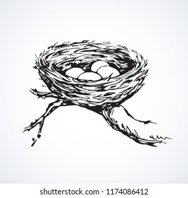 New twig woven eco birdnest on white backdrop. Line black ink hand drawn birdie embryo food object logo emblem sketchy in retro art doodle style pen on paper space for text. Closeup outline april view