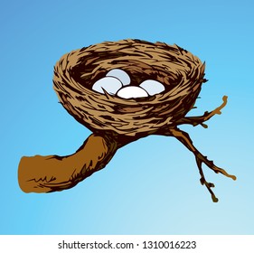 New twig woven eco birdnest on blue sky backdrop. Bright brown color hand drawn birdie embryo food object logo emblem sketchy in retro art doodle style on paper space for text. Closeup outline april v
