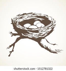 New twig woven eco birdnest on white backdrop. Line black ink hand drawn birdie embryo food object logo emblem sketchy in retro art doodle style pen on paper space for text. Closeup outline april view