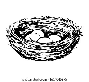 New twig woven eco birdnest on white backdrop. Line black ink hand drawn birdie embryo food object logo emblem sketchy in retro art doodle style pen on paper space for text. Closeup outline april view