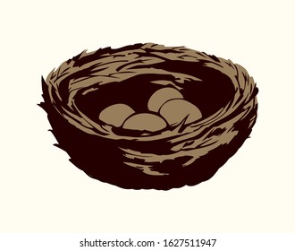 New twig woven eco birdnest on white backdrop. Line black ink hand drawn birdie embryo food object logo emblem sketchy in retro art doodle style pen on paper space for text. Closeup outline april view