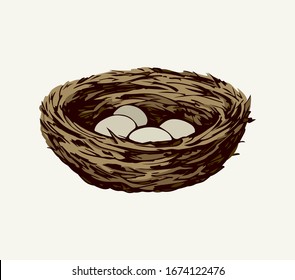 New twig woven eco birdnest on white backdrop. Bright brown color hand drawn birdie embryo food object logo emblem sketchy in retro art doodle style on paper space for text. Closeup outline april view