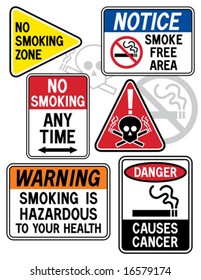A new twist on some old signage: Collection #1 of six vector "No Smoking" signs. Font used is my own design.