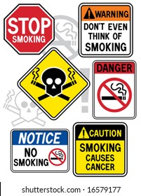 A new twist on some old signage: Collection #2 of six vector "No Smoking" signs.   Font used is my own design.