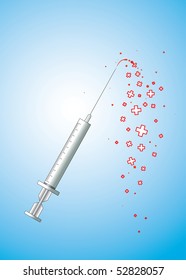 new type syringe on blue background with red drug stylized for red medical crosses spilling out of it (AI8 with gradient)