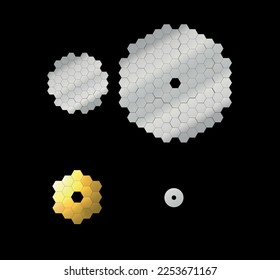 New ultraviolet space telescope luvoir mirrors comparison with JWST telescope isolated on black. Elements of this vector illustration were furnished by NASA
