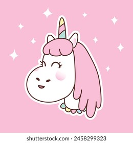 New unicorn head. Vector cartoon white unicorn. Cute baby patch. Shining stars on pink background. Smiling lovely pet.  Horse with pink mane and rainbow horn. Flat design. Cut out character