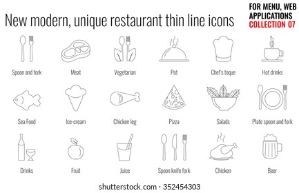 New, unique, modern restaurant thin, flat, line icon set collection. Symbols are designed for menu design, web and mobile application