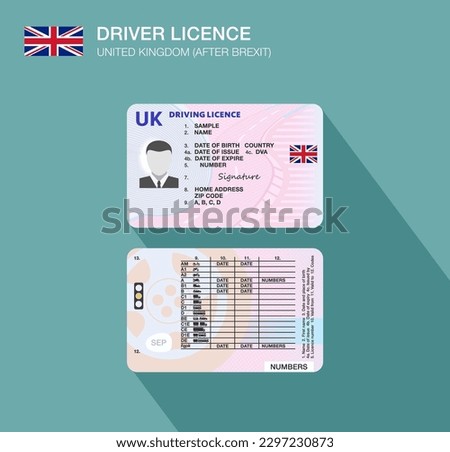 New United Kingdom car driver license identification after brexit. Flat vector illustration template. Great Britain.